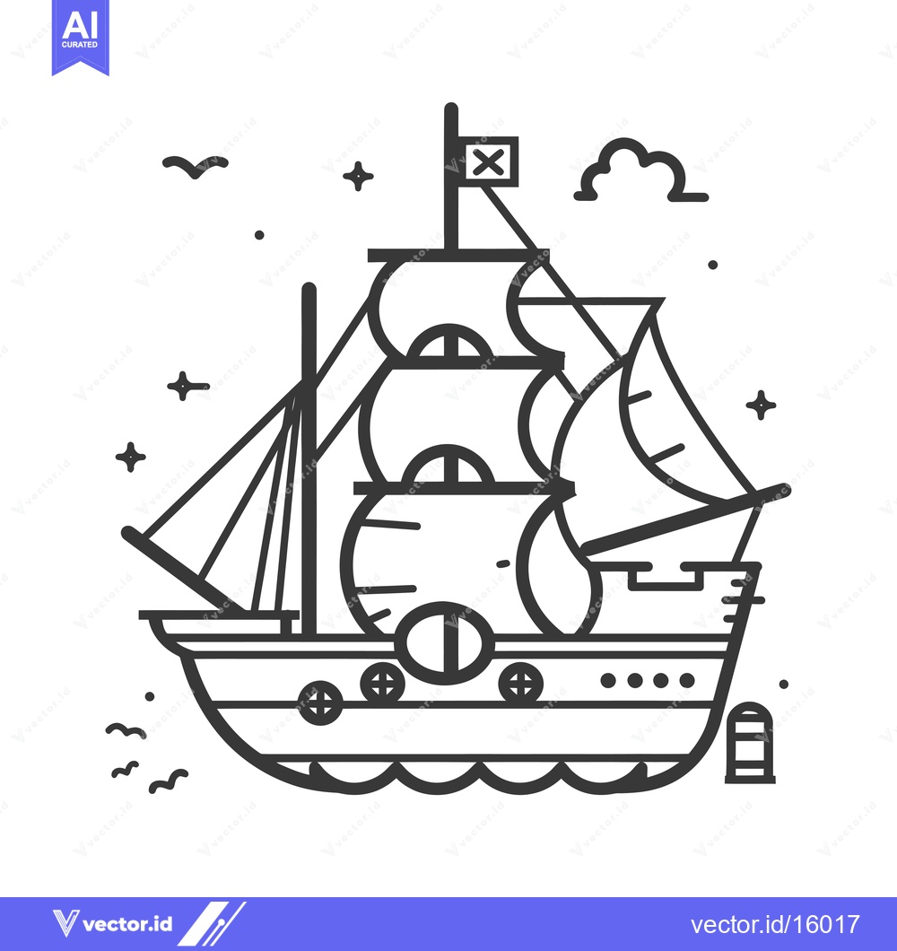 Premium Vector dari A Line Art Illustration of a Tall-Ship with a Pirate Flag