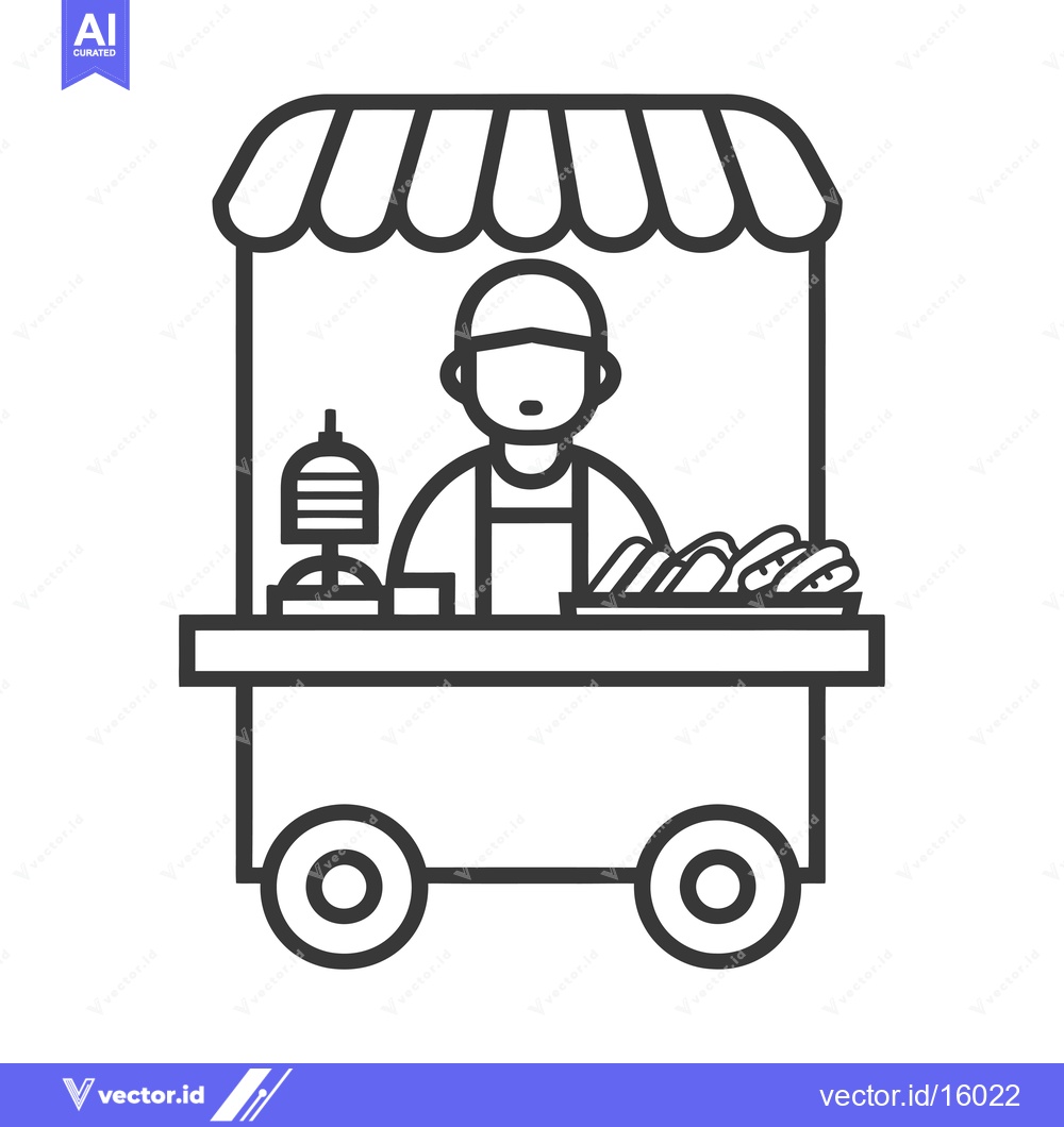 Premium Vector dari A Line Drawing Illustration of a Food Cart Vendor