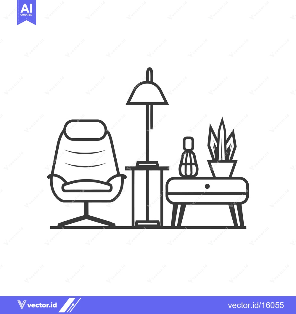Premium Vector of A Line Drawing of a Chair, Side Table, Lamp, and Plant