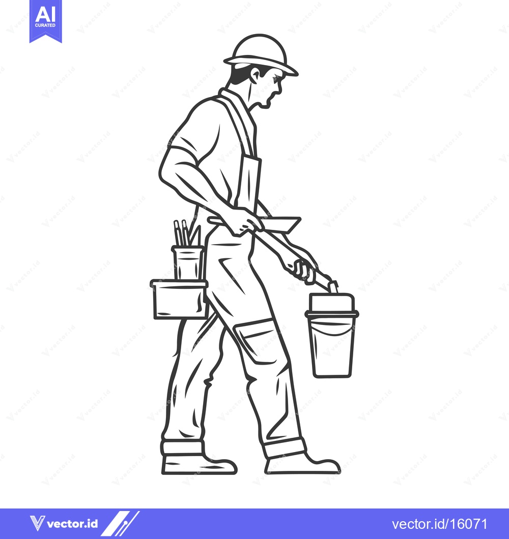 Premium Vector of A Line Drawing of a Construction Worker with a Bucket and Tools