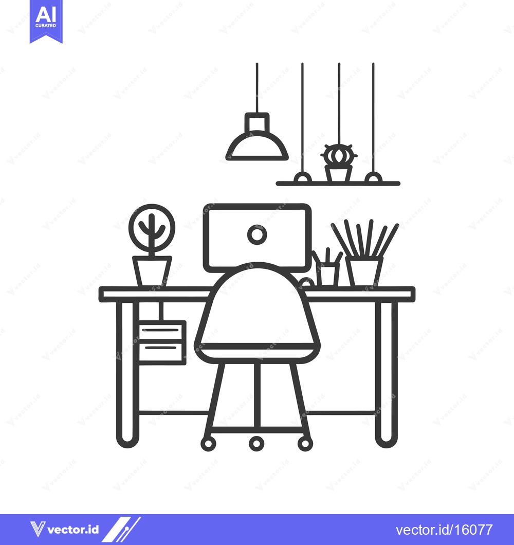 Premium Vector of A Line Drawing of a Desk With a Computer and a Chair