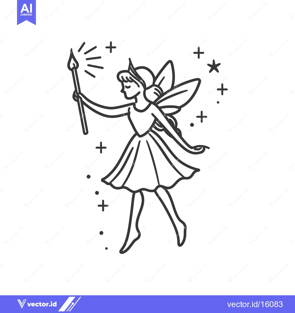 Premium Vector dari A line drawing of a fairy with wings and a wand, surrounded by stars