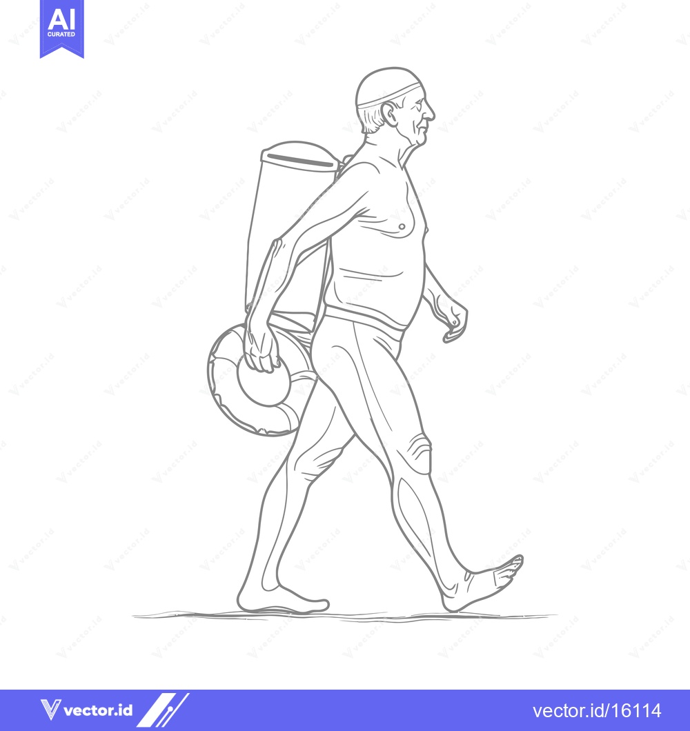 Premium Vector of A Line Drawing of a Lifeguard Walking with a Life Preserver