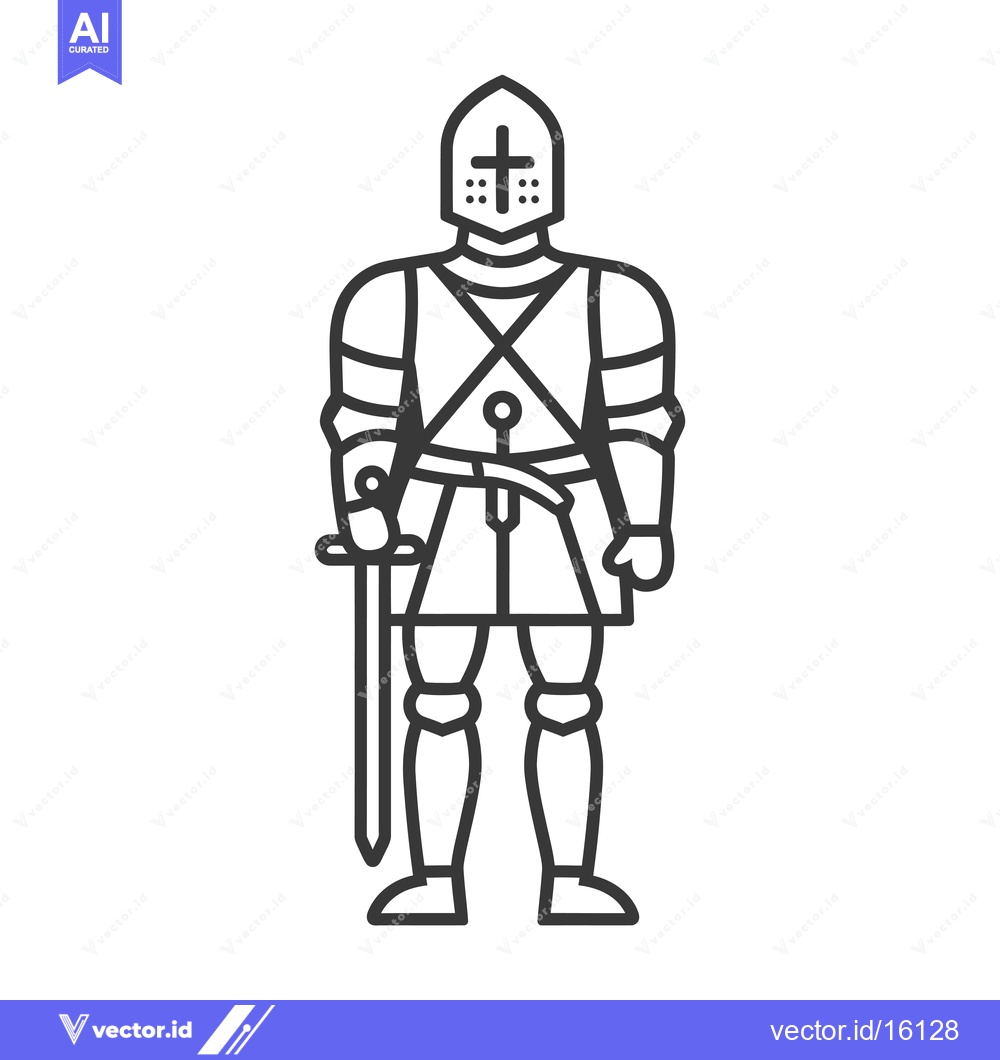 Premium Vector dari A Line Drawing of a Medieval Knight in Full Armor Holding a Sword