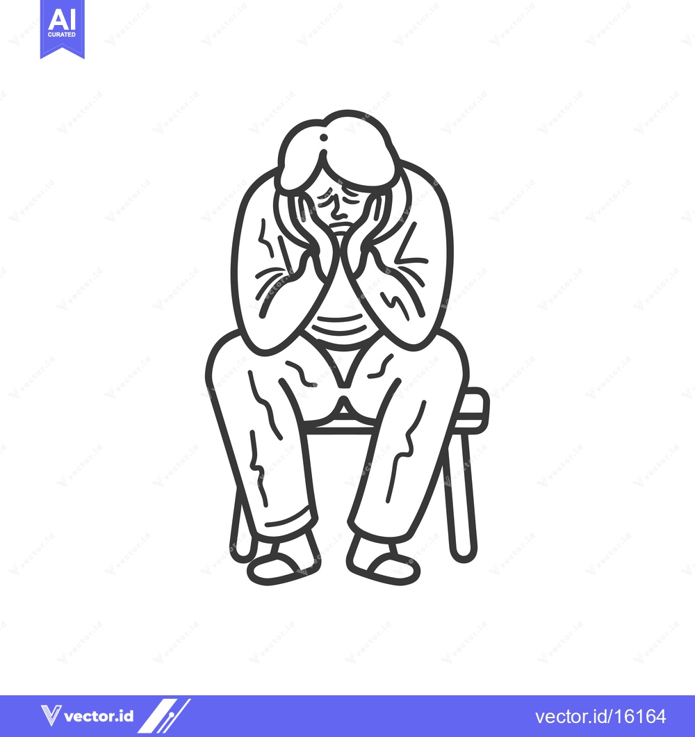 Premium Vector of A Line Drawing of a Person Sitting on a Stool, Hands on Face, Looking