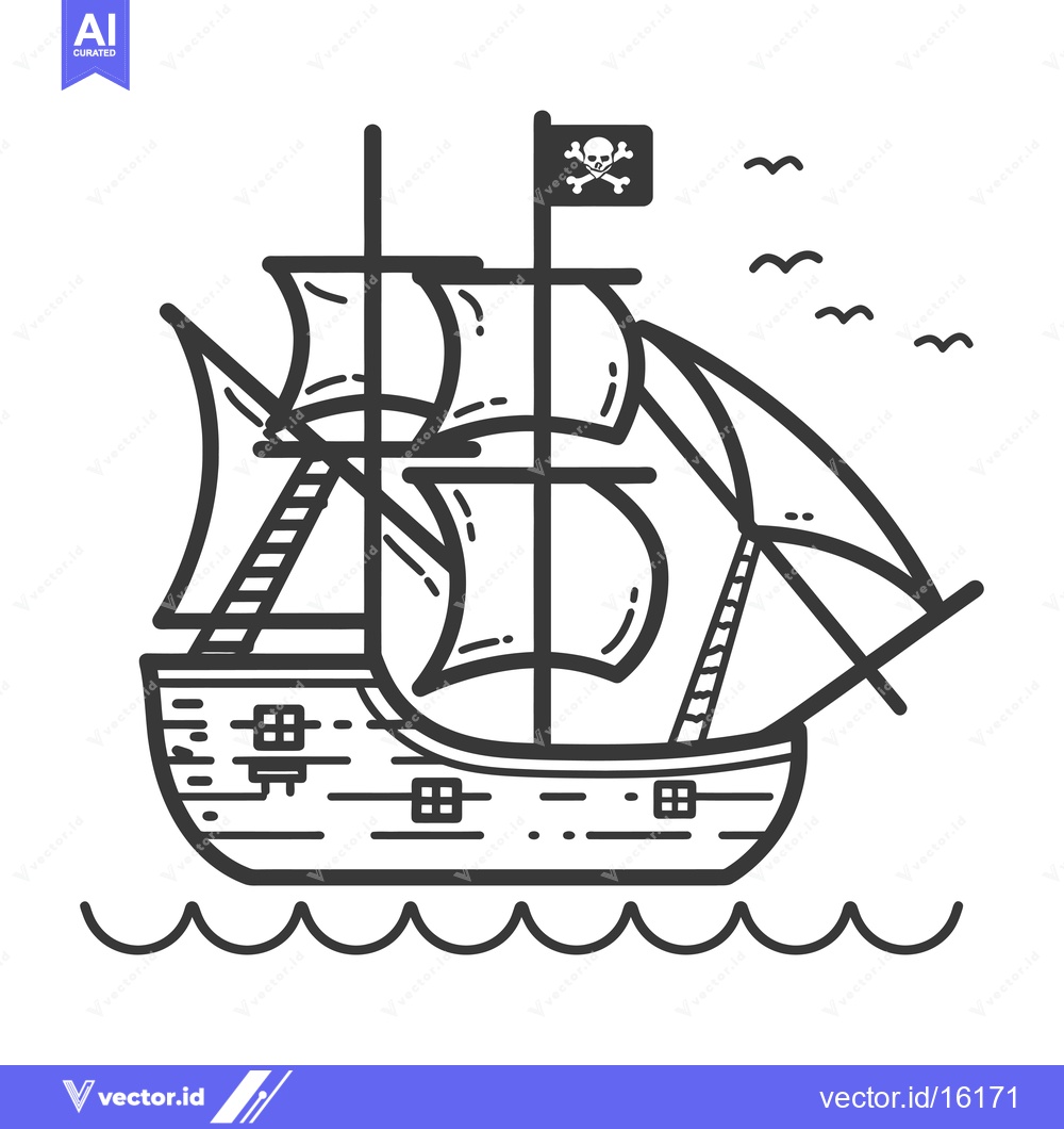 Premium Vector of A Line Drawing of a Pirate Ship with a Skull and Crossbones Flag