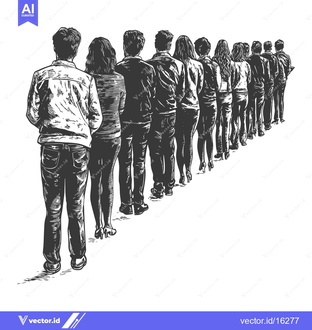 Premium Vector dari A Line of People Viewed From Behind in a Woodcut Style