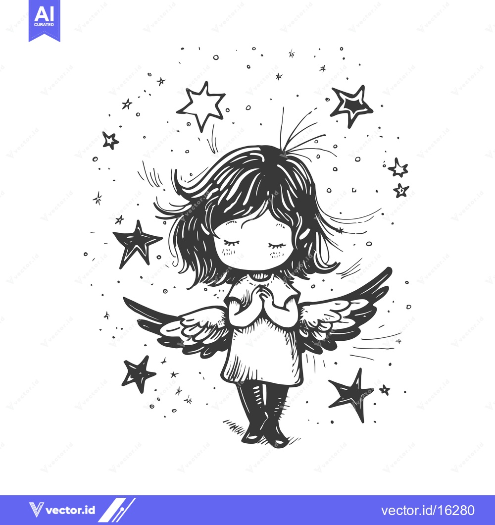 Premium Vector of A Little Angel Girl Surrounded by Stars with Wings Spread