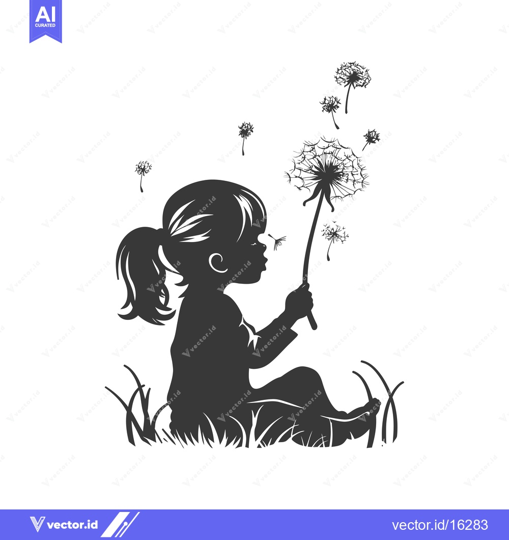 Premium Vector of A Little Girl Blowing on a Dandelion with Seeds Flying Away