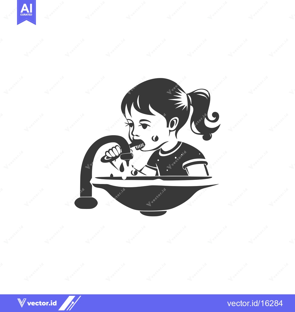 Premium Vector dari A Little Girl Brushing Her Teeth at the Sink