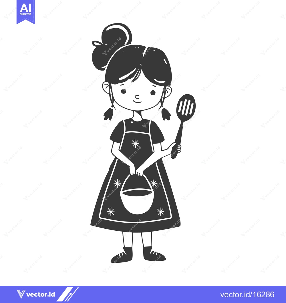 Premium Vector of A Little Girl Holding a Pot and a Spatula