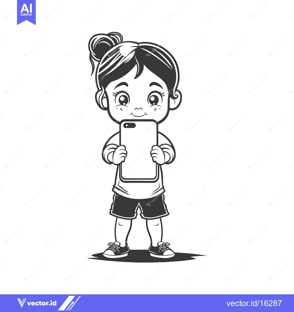 Premium Vector of A Little Girl Holding a Smartphone