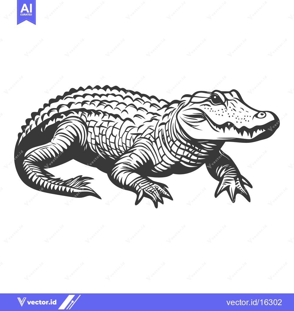 Premium Vector dari A detailed black and white illustration of a walking crocodile