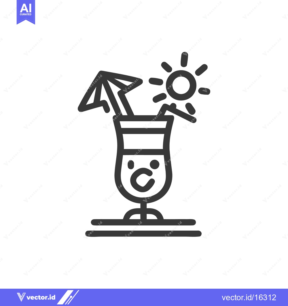 Premium Vector dari Tropical Cocktail Icon with Umbrella and Sun, Line Art Style