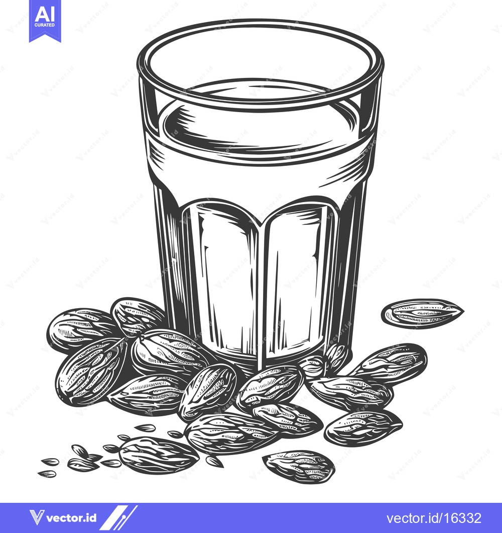 Premium Vector of A Glass of Almond Milk with Scattered Almonds