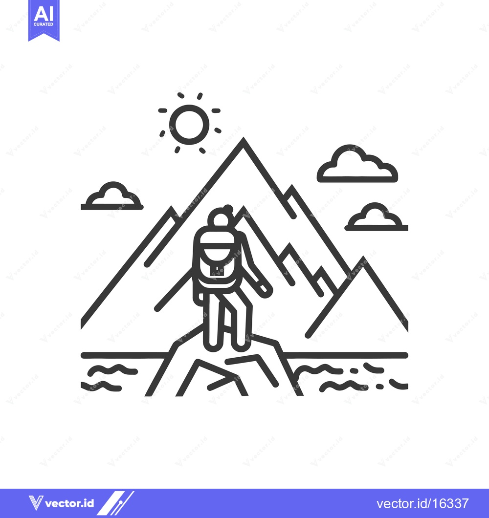 Premium Vector dari A lone hiker stands atop a mountain peak with a backpack, overlooking