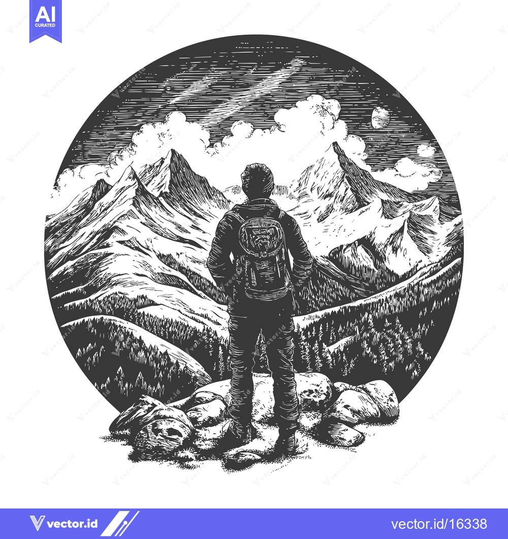 Premium Vector of A lone hiker stands before a mountainous landscape in a black and whit