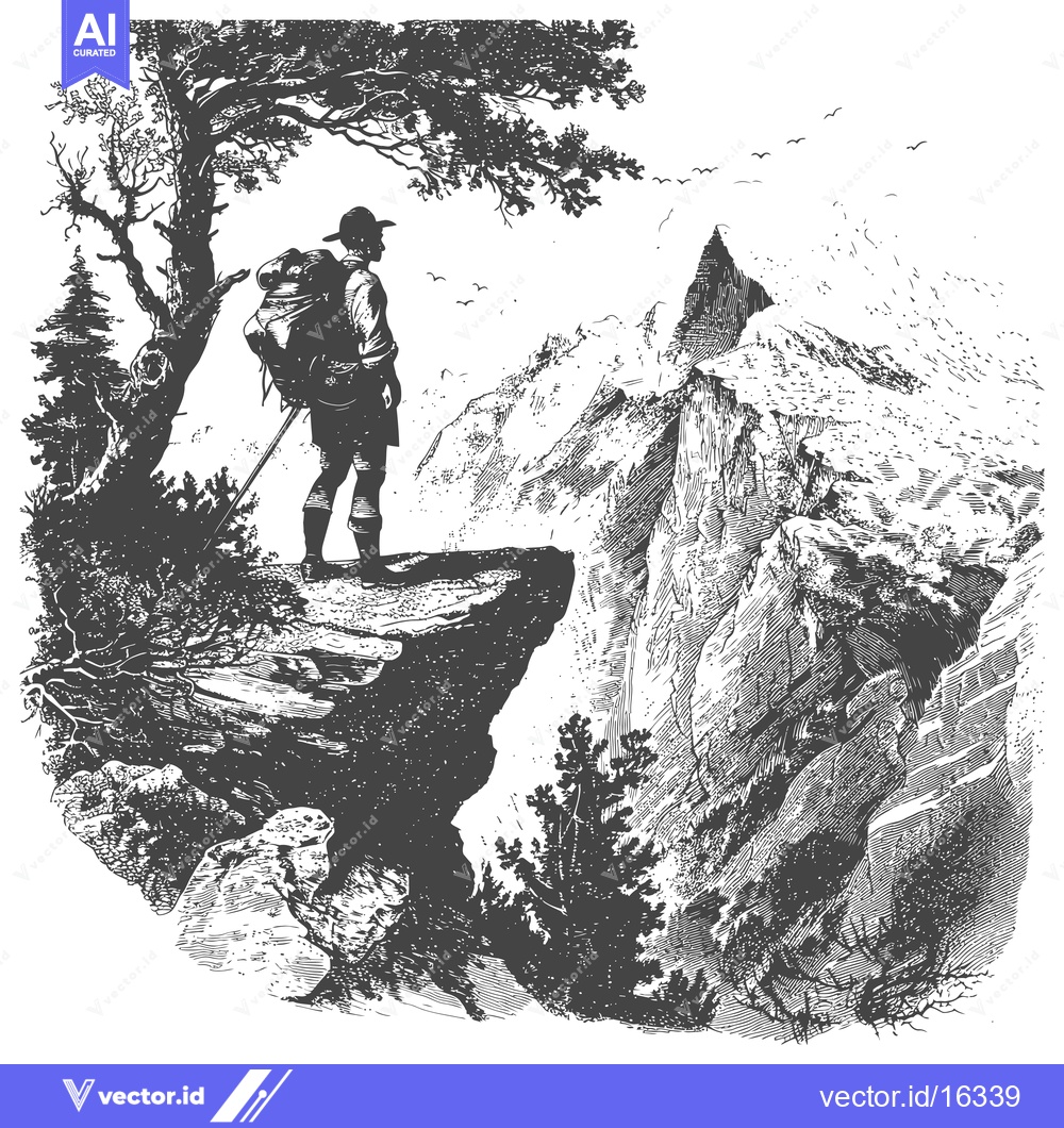 Premium Vector dari A lone hiker with a backpack stands on a cliff overlooking a mountain