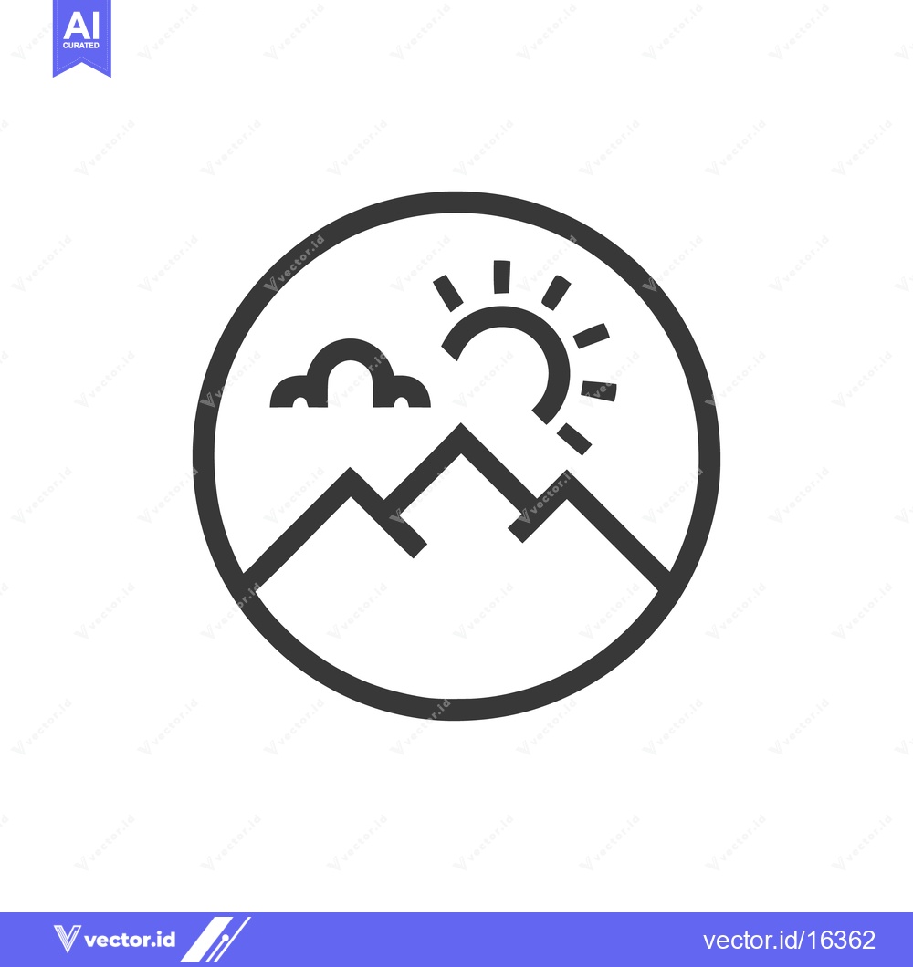 Premium Vector of Minimalist Mountain Landscape Icon with Sun and Cloud in Circle Frame