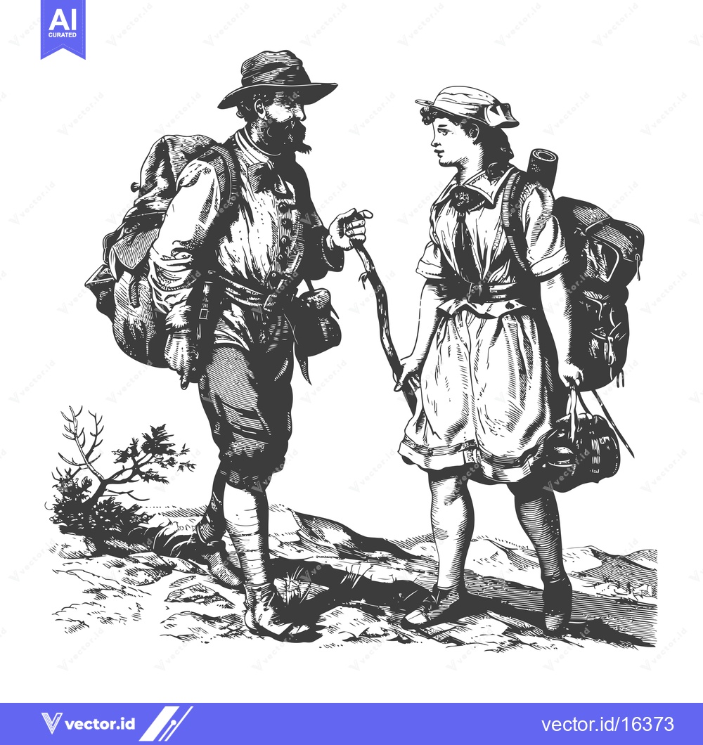 Premium Vector of A Man and a Woman in Hiking Gear, with Backpacks, Standing on a Trail