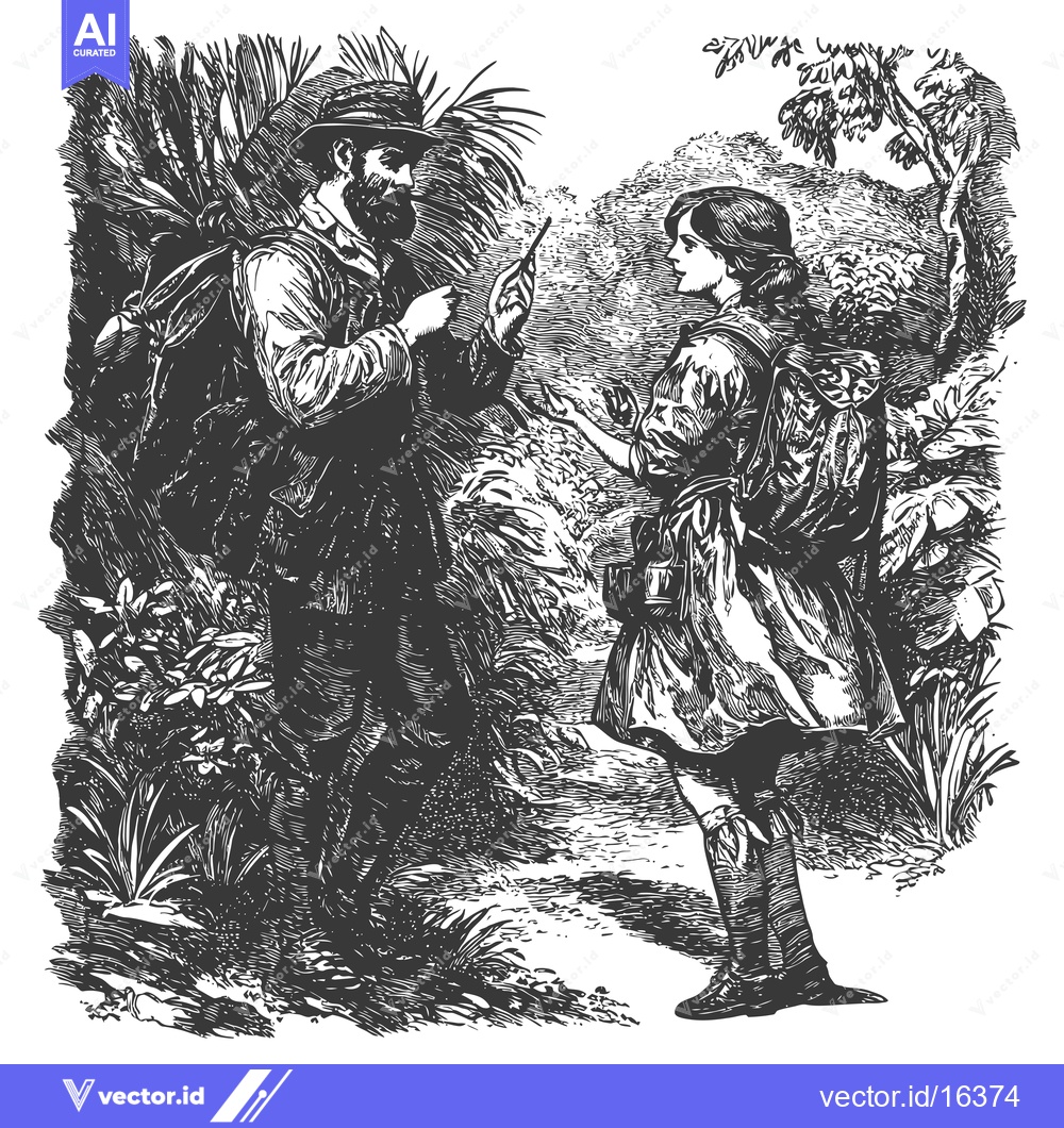 Premium Vector of A Man and a Woman in the Woods, Possibly Talking