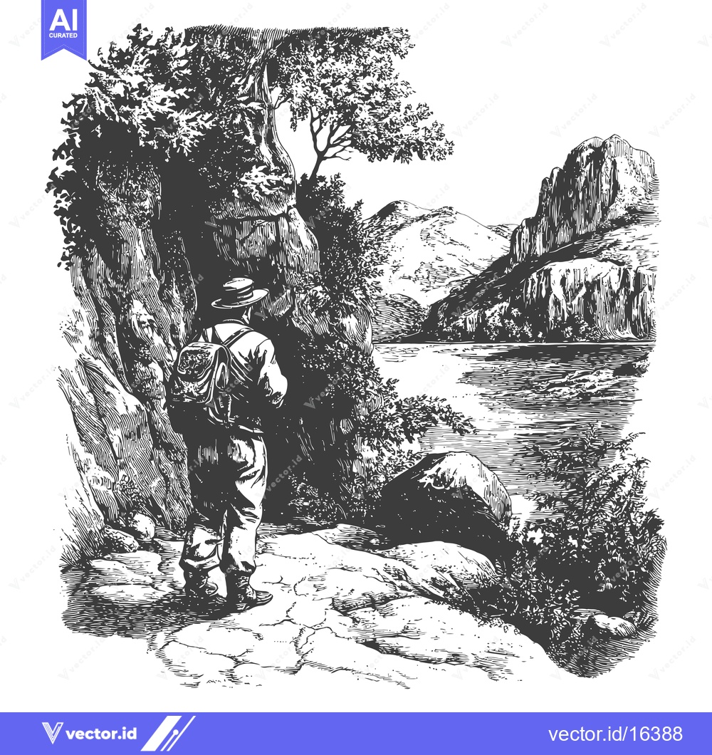 Premium Vector dari A Man Gazing at a Mountainous Landscape with a River Below