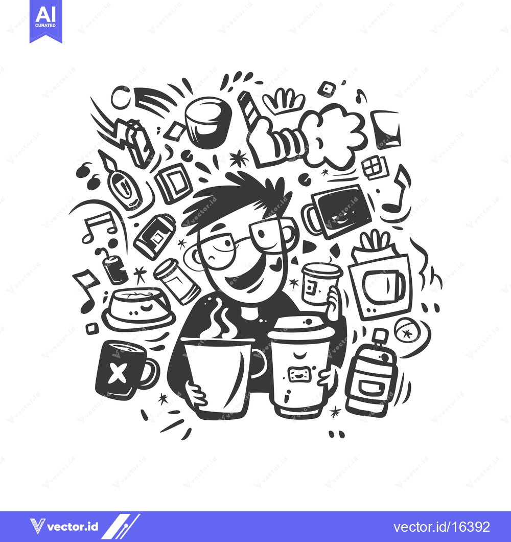 Premium Vector dari A Man Holding Two Cups of Coffee with Surrounding Doodle Objects