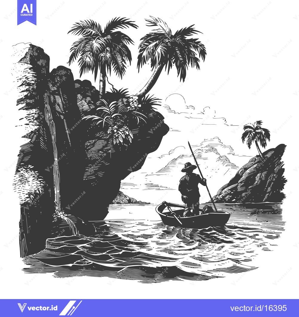 Premium Vector dari A Man in a Boat Navigating a Tropical Landscape with Palm Trees and Ro