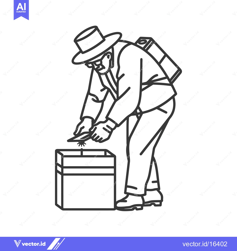 Premium Vector of A Man in a Hat Sharpening a Knife on a Box