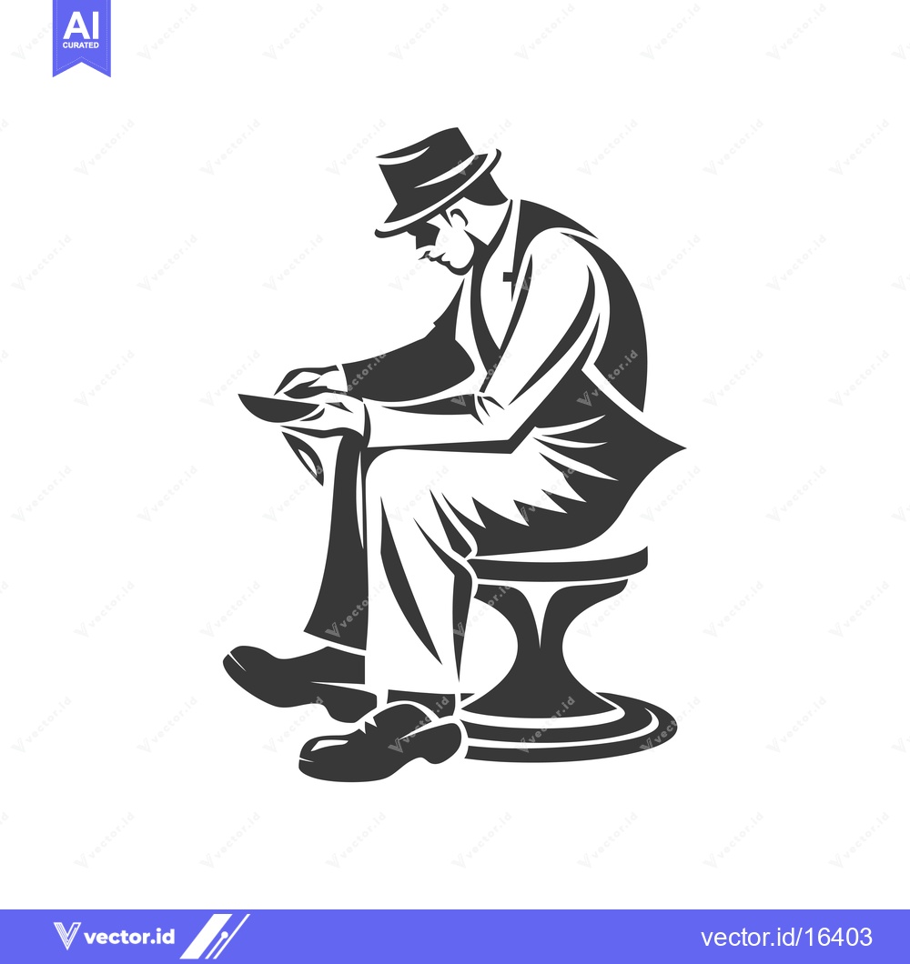 Premium Vector dari A Man in a Hat Sitting on a Stool and Looking Down at Something in His