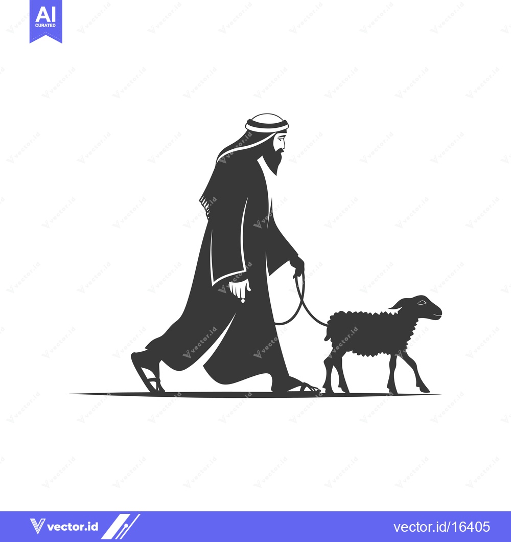 Premium Vector dari A man in a robe leading a lamb on a leash