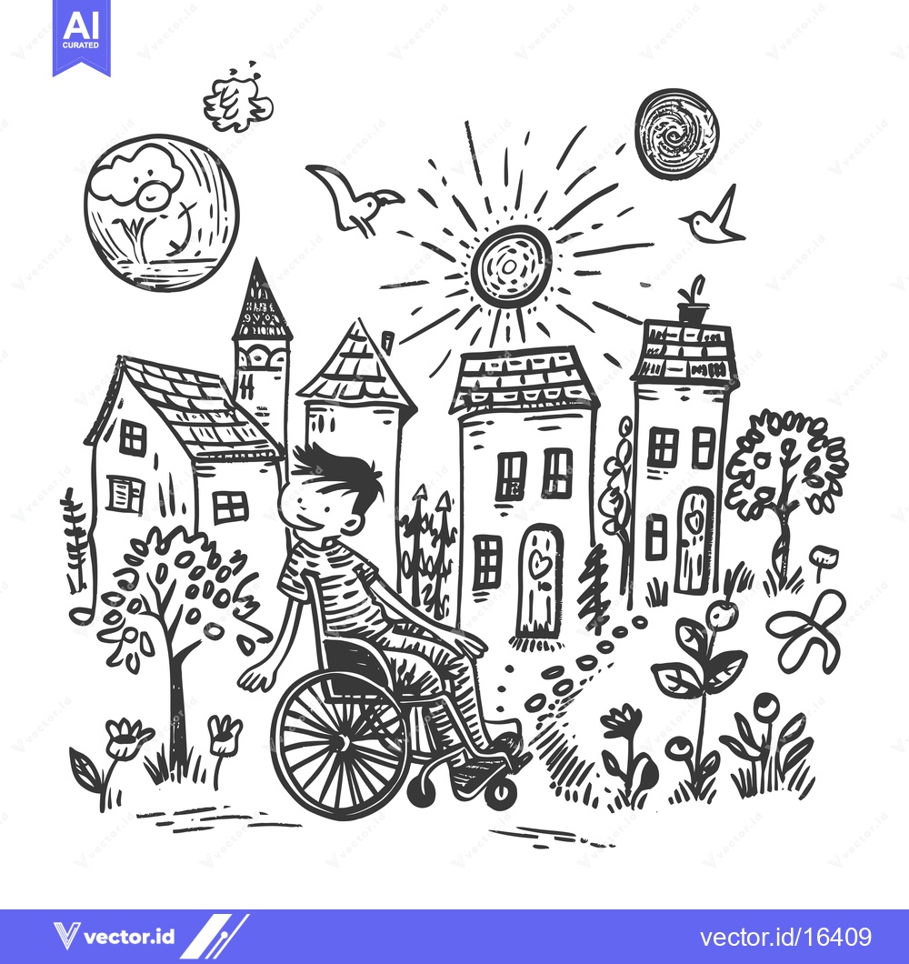 Premium Vector of A Man in a Wheelchair Smiles as He Rolls Through a Whimsical Town