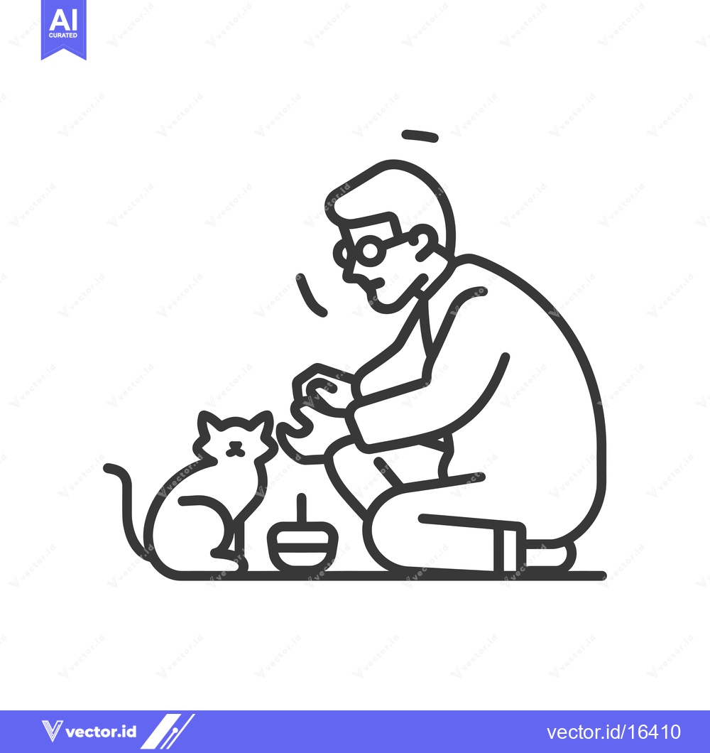 Premium Vector of A Man in Glasses Feeding a Cat with a Bowl