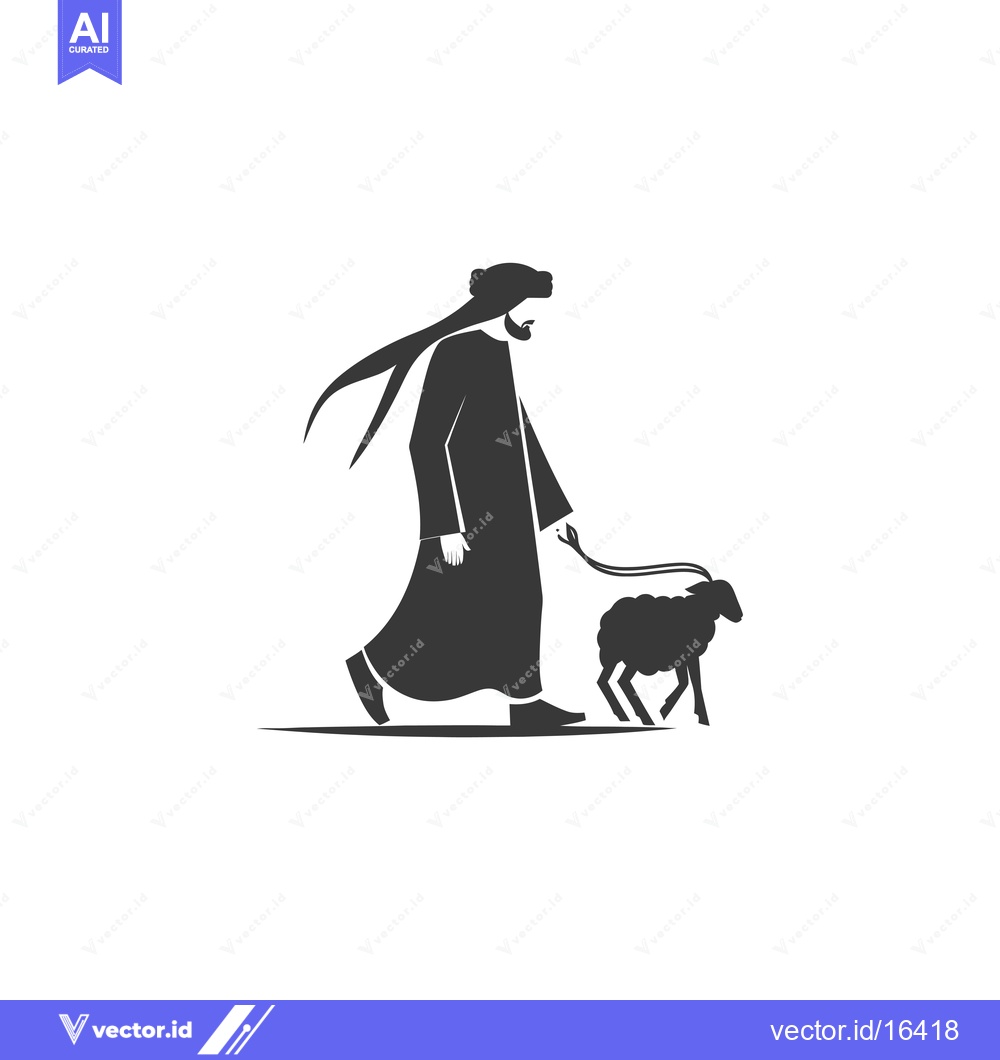 Premium Vector dari A man in traditional Arab clothing leads a sheep on a leash.