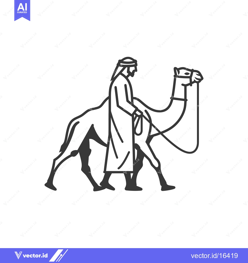 Premium Vector dari A man in traditional clothing leading a camel by a rope.