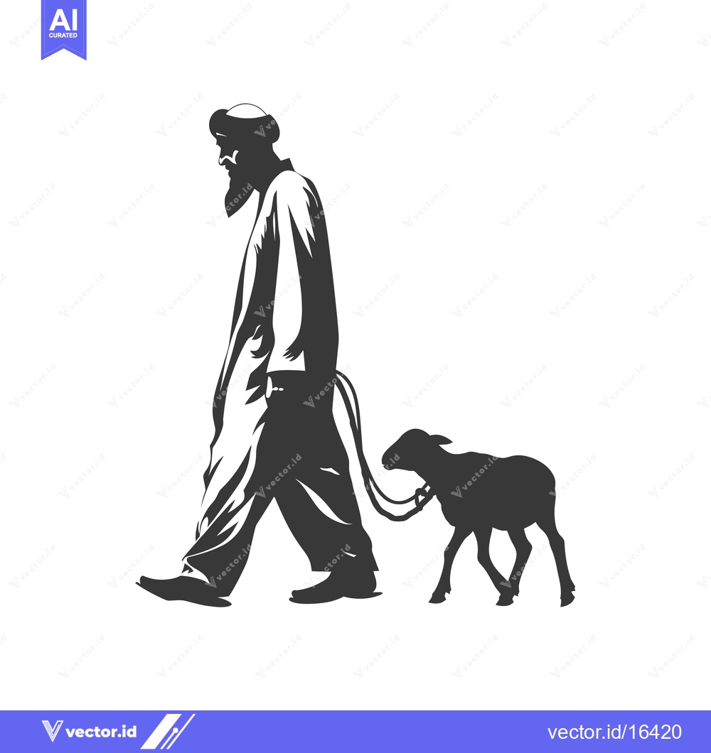 Premium Vector of A Man in Traditional Clothing Leading a Lamb on a Leash