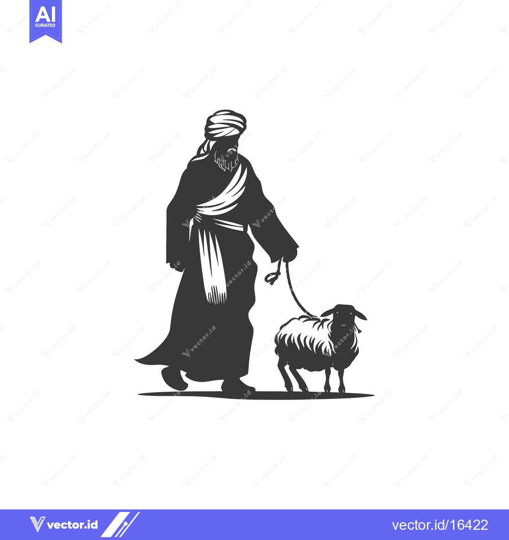 Premium Vector of A Man in Traditional Clothing Leading a Sheep