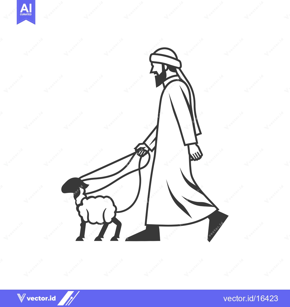 Premium Vector dari A man in traditional clothing leading a sheep on a leash