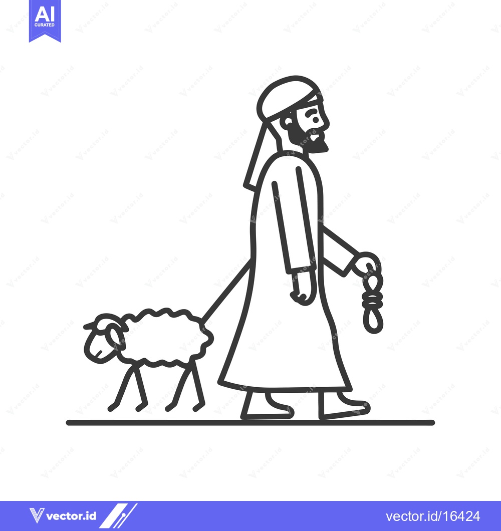 Premium Vector of A Man in Traditional Clothing Leading a Sheep with a Rope