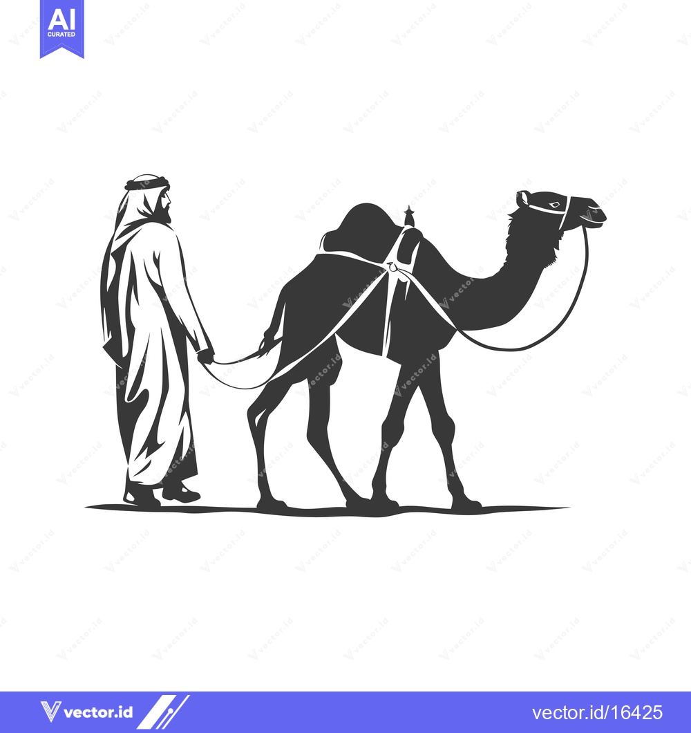 Premium Vector of A Man in Traditional Clothing Leads a Camel