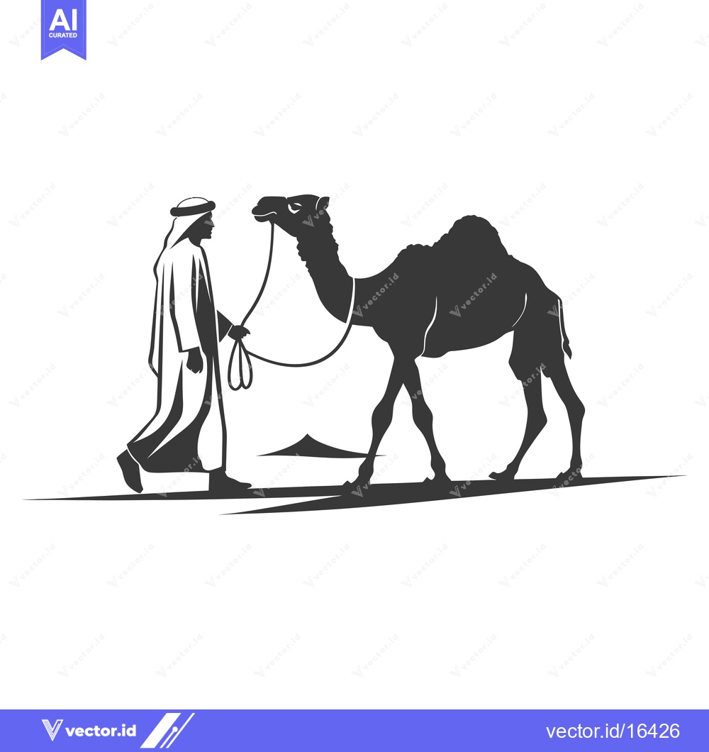 Premium Vector of A man in traditional clothing leads a camel across a desert landscape.