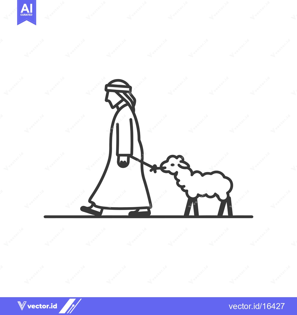 Premium Vector dari A man in traditional clothing leads a sheep on a leash