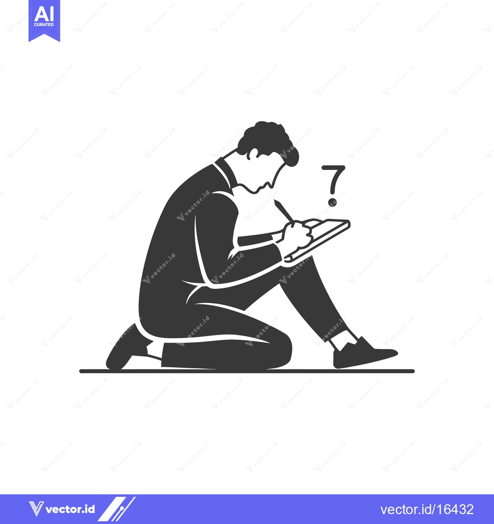 Premium Vector dari A Man Kneeling on the Floor and Writing on a Notepad with a Question M