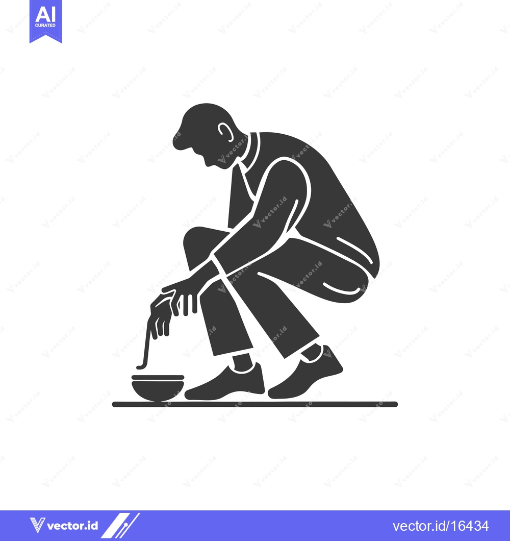 Premium Vector of A Man Kneeling with a Bowl and a Stick in Hand