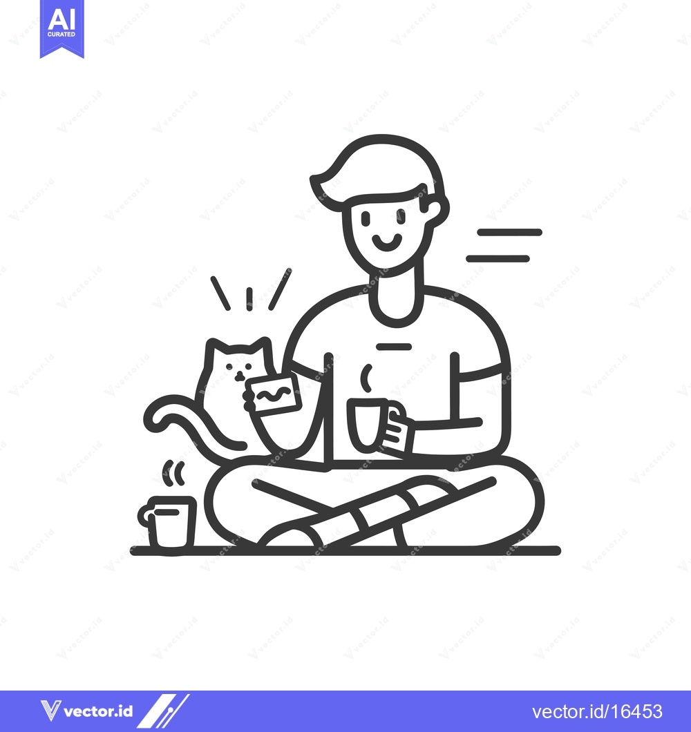 Premium Vector of A man sitting cross-legged with a cat and a cup of coffee