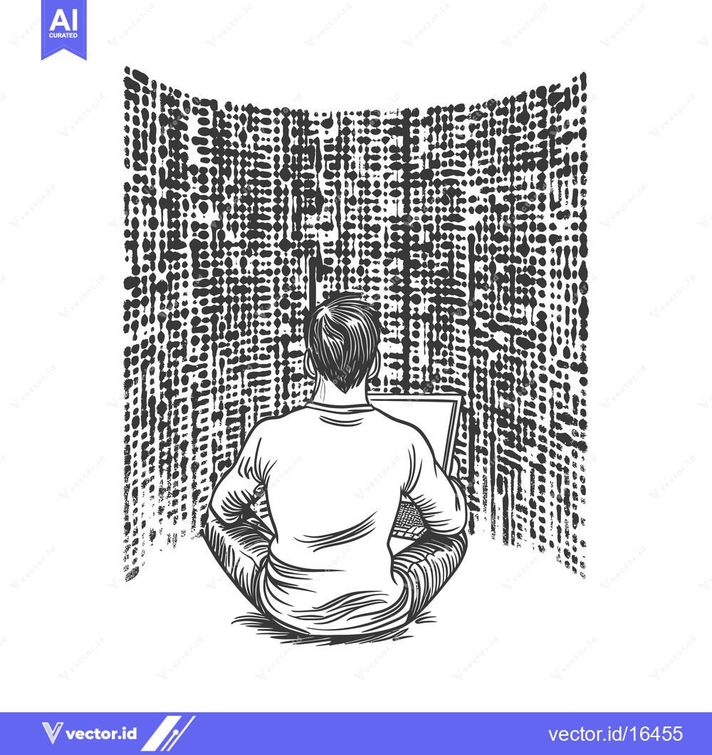 Premium Vector dari A Man Sitting in Front of a Laptop with a Black and White Abstract Pat