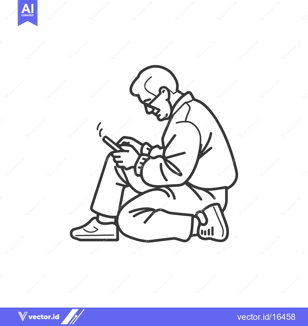 Premium Vector dari A man sitting on the ground, looking at his phone