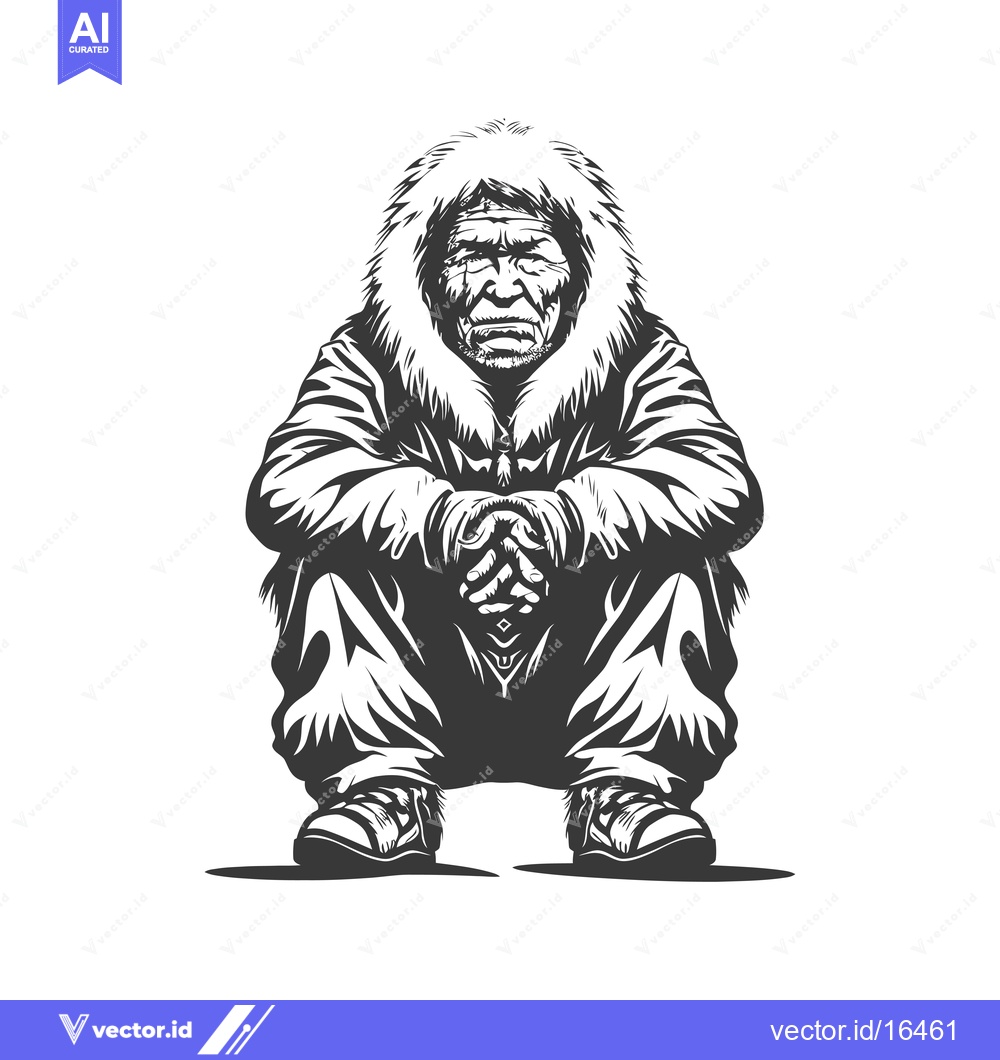Premium Vector dari A man sitting with his hands clasped in his lap, wearing a hooded fur