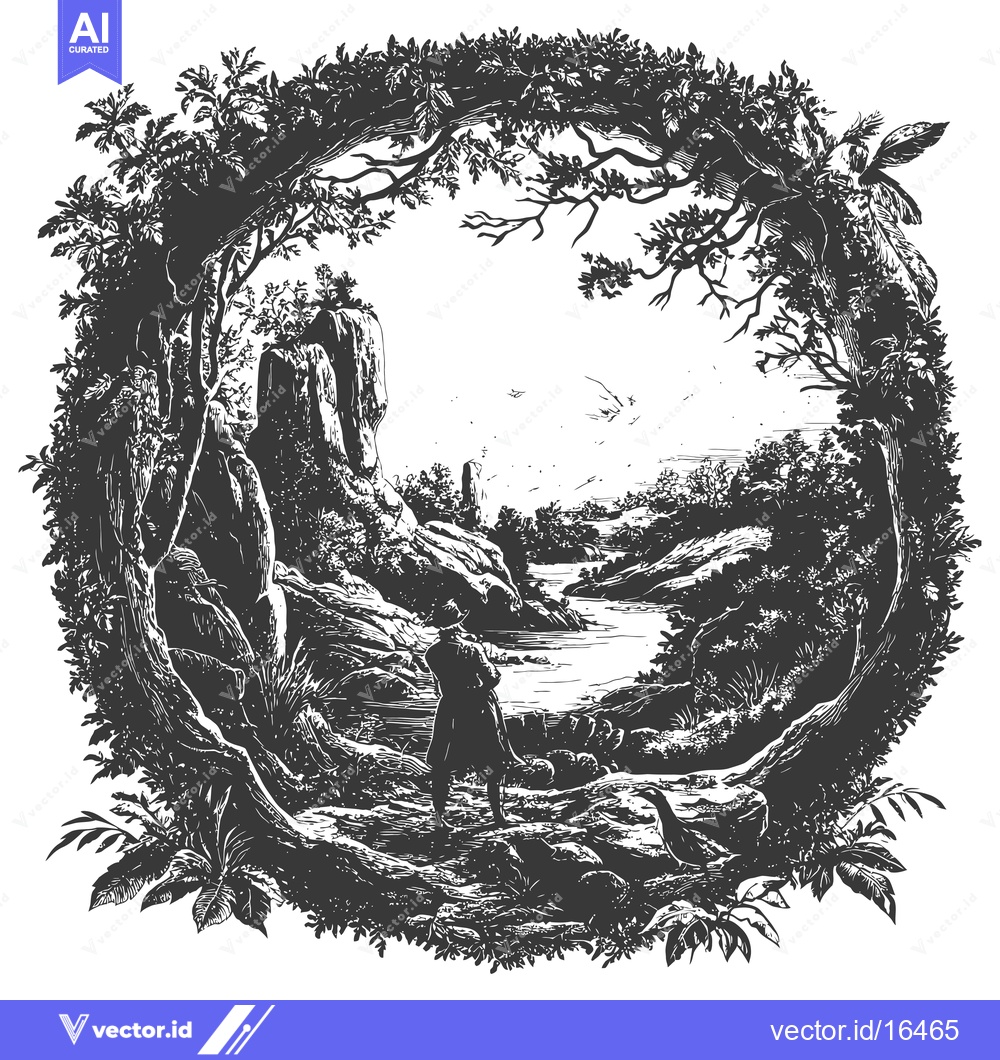 Premium Vector dari A Man Standing by a River in a Forested Landscape Framed by Lush Trees
