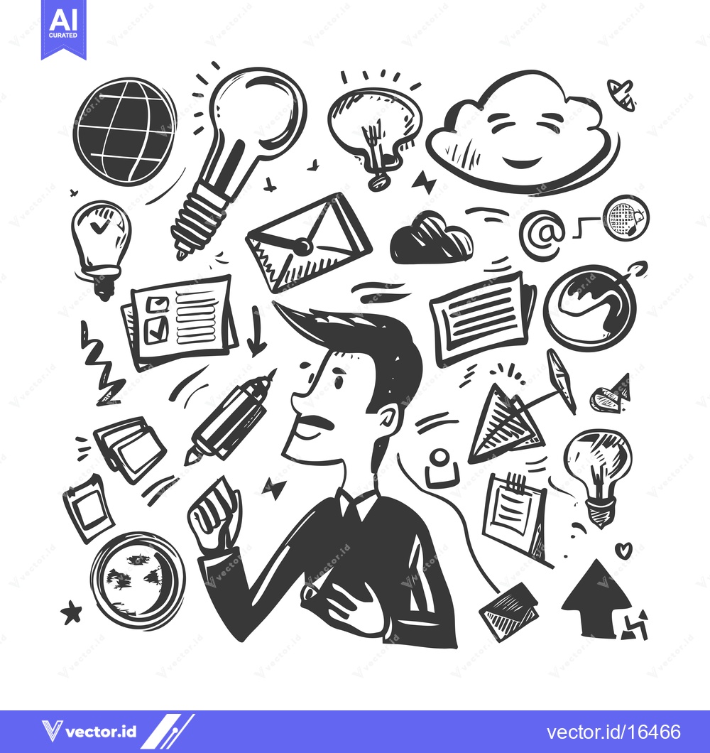 Premium Vector dari A Man Surrounded by Doodle-Style Business and Technology Icons